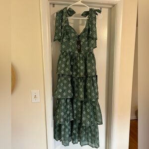 Lulus Teal Green Floral Burnout Tiered Midi Dress XS NWT